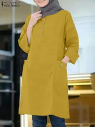Этническая одежда 2024 ZANZEA, женская винтажная длинная рубашка, осенняя мусульманская блузка с круглым вырезом и рукавами, модные однотонные рабочие топы, женские Abaya Blusas Mujer
