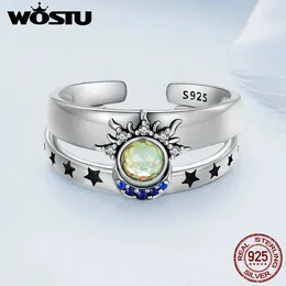 Cluster Rings Wostu 925 Sterling Silver Sun Moon Stars Paröppning Ring Fina smycken för kvinnor Män Bröllopsdag Daglig gåva FNR490