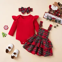 Kleidungssets FOCUSNORM 2 Farben Säugling Baby Mädchen Weihnachtskleidung 3 Stück Solide Rippen Langarm Strampler Rüschen Plaid Hosenträgerröcke