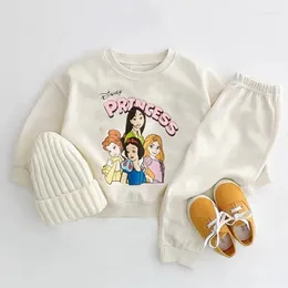 의류 세트 Dsiney Princess Baby Girl Sports Suct Spring/Autumn Style Children Sweatshirt 세트 라운드 칼라 후드 스웨트 팬츠 2 피스