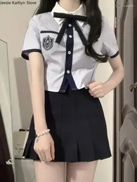 مجموعة الملابس الطالب الياباني jk مدرسة موحدة الصيف حلوة كاواي مجموعة خمر فتيات لطيف القميص الأزرق البحرية والتنورة المصغرة المطوية