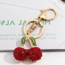 Keychains Full Red Crystal Cherry For Women Men Cute Golden Fruit Key Chain Girl Car Pendant Keychain Kid Bag Ring Accessory