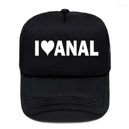 Ballkappen I LOVE ANAL Funny Print Baseball Cap Gay Pride Streich Witz Penis BuSex Männer Mesh Visier Outdoor Sonnenhut verstellbar