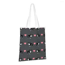 Сумки для покупок Бостон-терьер Love Hearts Многоразовые складные сумки для продуктов Моющиеся Легкий прочный полиэстер Подарок