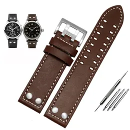 Hamilton Khaki Aviation Field Series 남자 시계 밴드 Bracelte와 리벳 스트랩 브라운 20mm 22m 240124를위한 진정한 가죽 워치 밴드