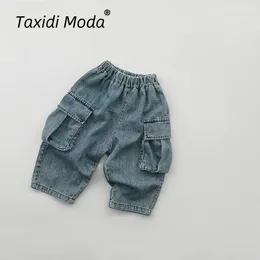 Pocket 2024 Spring Autumn Kids Jeans Casual Boys Denim Cargo Pants Korean byxor Småbarn bär barnkläder för 18 år 240124