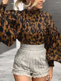 여성용 블라우스 2024 Celmia Vintage Autumn Leopard 프린트 우아한 큰 랜턴 슬리브 튜닉 셔츠 패션 스탠드 칼라 캐주얼 탑