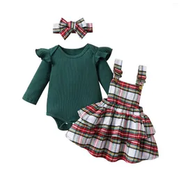 衣類セットpudcocobaby girl fall custits solid ribbed crew neck longeve rompers ruffles plaidサスペンダースカートヘッドバンド3pcsセット