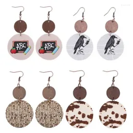 Dangle Earrings Wood And Leopard Leather Round For Women ABC Blackboard Print Trendy Jewelry Wholesale