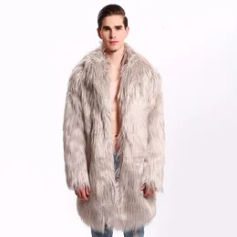 Square Collar Faux Fur Coat for Mens Wool Autumn and Winter Clothes Long Windbreaker O0JH