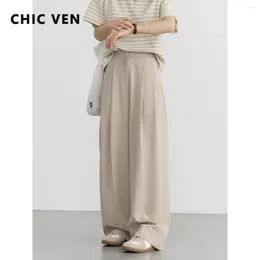 Damenhosen CHIC VEN Damen Hose mit weitem Bein, lässig, hohe Taille, plissiert, drapiert, Anzug, dünn, locker, Damen, lange Hose, Sommer 2024