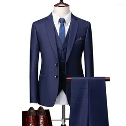 남자 정장 정장 코트 바지 팬츠 3 PCS 세트 / 2024 패션 캐주얼 부티크 비즈니스 영국 스타일의 격자 무늬 바지 양복 조끼