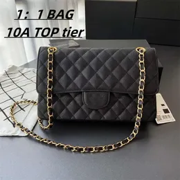 10A Damen-Geldbörse, schwarze Handtasche, Kaviar-Goldkette, klassische Klappe, 25 cm, Umhängetasche, Des
