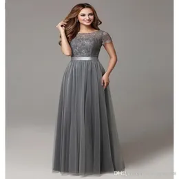 2019 Grey Long Modest Bridesmaid Dresses With Cap Sleeves Lace Tulle Short Sleeves Sheer Neckline Formal Wedding Party Dress Real299B