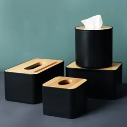 Modern Black Color Tissue Containers with Phone Holder Wood Cover Seat Type Roll Paper Tissue Canister Cotton Pads Storage Box Y20277u