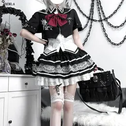 Arbeitskleider Harajuku Gothic Punk Mädchen Anzug Spitze Müde Kuchen Röcke Kurzarm Bowtie Dünnes Hemd Tops Blazer Mantel Outwear Outfits AFC2079