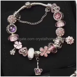Charm Bracelets Fashion Sterling Sier Pink Murano Lampwork Glass European Beads Five Petals Flower Crystal Crown Dangle Fits Charm Br Dh5Mb