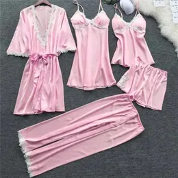 Kvinnor satin sömnkläder 5 stycken pajamas sexig spets pajamas sömn lounge pijama siden natt hemkläder pajamas kostym 240126