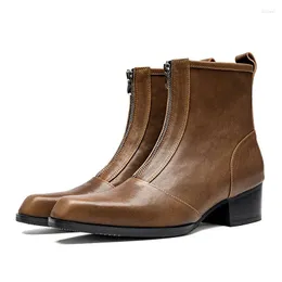 Boots Italian Mens Business مع الكعوب من الجلد الأصلي مريح مصمم شتاء دافئ الكاحل أحذية الزفاف 5 سم الارتفاع