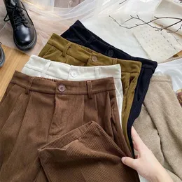 Vintage Corduroy Pants Pants z wysokim talią Kawa Szerokie nogi Spodnie Upadek swobodny koreański biurowy spodnie damskie 240201