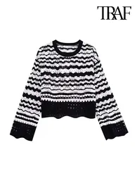 Kobiety swetry Traf Women Fashion Striped Chenille Chenille Knit Knit Sweter Vintage O Neck Długie rękawie żeńskie pullover eleganckie topy