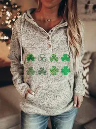 Damen Pelz 2024 St. Patrick's Irish Festival Top Clover Print Hoodie Knopf Langarmpullover Damen