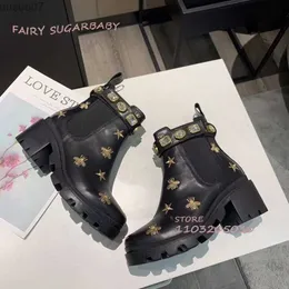 Stiefel Goldfaden Biene Stickerei Stiefel Frauen Totem Schwarz Leder Schmuck Knöchel Wrap Booties Casual Mädchen Wohnungen Frühling Vielseitige Schuhe