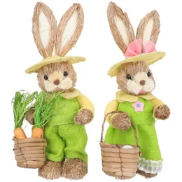 Bunny Easter Rabbit Straw Woven Figurine Figurines Ornament Decoration Garden Standing Statues Decor Statue Holding Animal Hand 240130