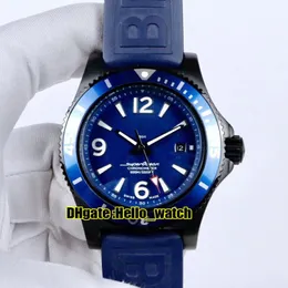 Новый Super Ocean Date PVD Черный стальной корпус M17368D71C1S1 Автоматические мужские часы с синим циферблатом на каучуковом ремешке Мужские часы высокого качества Hel2464