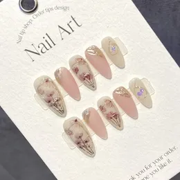 Imprensa de amêndoa artesanal em unhas pintura de mão coreana reutilizável adesivo unhas falsas com design acrílico artificial manicure para meninas 240201