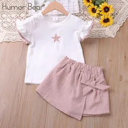 Conjuntos de roupas Humor Urso Verão Meninas Voando-Manga Desenhos Animados Impresso Camiseta Xadrez Shorts 2 Pcs Ternos para 2-6Y