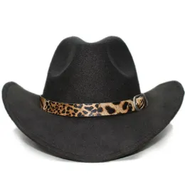 الفهد الرجعية طباعة الجلد الفرقة ParentChild للجنسين للطفل الصوف الواسعة Brim Cowboy Western Hat Cowgirl Cap 545761cm 240130