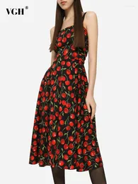 캐주얼 드레스 VGH 컬러 블록 인쇄 여성 스퀘어 칼라 민소매 하이 허리 빈티지 긴 여성 의류를위한 카미솔 드레스