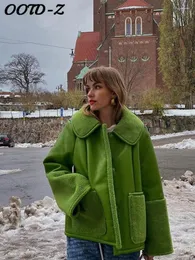 Cappotto da donna in pelle verde PU da donna Autunno Inverno Colletto con couverture Manica lunga Cappotti femminili 2024 Bottone tascabile moda Streetwear Lady