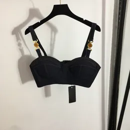 Seksi Push Up Bras gömlek yaz Sling Üstleri Kadın Lüks Camis Tees Donanma Denim Tees Kızlar Omuz Düğmesi Sütyen Giyim