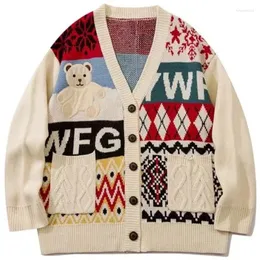 Männer Pullover Bär Stickerei Strickjacke Pullover Für Männer 2024 Winter Japanischen Stil Cartoon Hip Hop Lose Frauen Strickwaren Mäntel Vintage