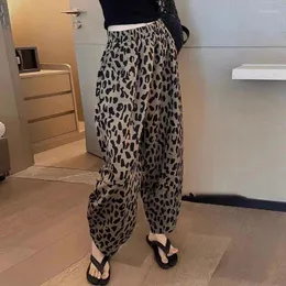 Calças femininas 2024 verão fino moda simples cintura alta bolso casual solto versátil leopardo banda pés magro esportes bloomers