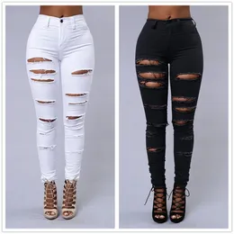 Spring Summer Elastic Trousers Black and White Ripped Jeans Fashion Sexy Skinny Denim Pencil Pants S-3XL Drop 240202