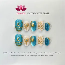 Handmade Press On Nails Blue Cats Eye Moon and Sun Design Fake Nail Full Cover Artificial Manicuree Wearable Orange Nail Store 240201