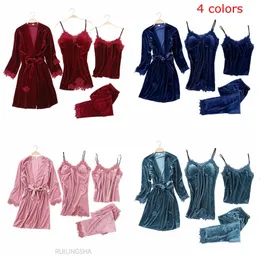 Kvinnor Vinterguld Velvet Pyjama Set Plus Size Sexig Kimone Sleep Tops Fashion Velvet 4 Pieces Warm Winter Pyjamas Set Women 240126