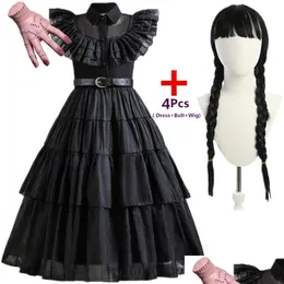 Vestidos da menina meninas filme quarta-feira trajes aniversário princesa traje preto fantasia halloween carnaval cosplay para crianças gota entregar dhhz8