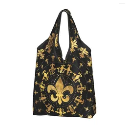 Borse per la spesa Borsa tote Fleur De Lis oro e nera alla moda Borsa a spalla portatile Fleur-De-Lys Fiore di giglio Generi alimentari