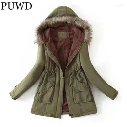 Damengrabenmäntel PUWD Frauen Pelzkragen Mit Kapuze Kordelzug Baumwolljacke 2024 Frühling Warme Feste Tasche Langarm Parka Lose Weibliche Chic