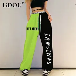 Calças femininas primavera verão streetwear moda retalhos hip hop feminino solto casual carta impressão sweatpants hipster