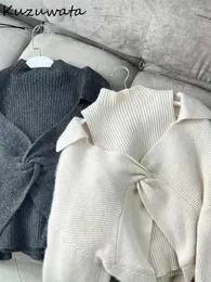 Kadın Sweaters Kuzuwata Tatlı Boşaltma Katı Setler Yelek Gündelik Knot Çapraz Fener Sleve Japon Örgü Zarif Takım Moda Jumper