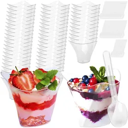 Tek kullanımlık bardak pistler 50pcs 100ml tatlı plastik şeffaf mini puding forun atıştırmalıkları doğum günü partisi dondurma ev