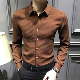 패션 버튼 단색 턴 다운 칼라 긴 슬리브 블라우스 남성 의류 캐주얼 기질 슬림 형식 셔츠 240201