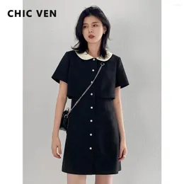 Casual Kleider CHIC VEN Damen Kurzarm Kleid Hohe Taille Einreiher Solide Sommer Weibliche 2024 Für Mädchen