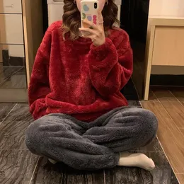 Kadın pijama polar kadın pijama set kış katı kadife 2 adet pantolon ev takım elbise kabarık gündelik piiama sıcak pazen gece kıyafet