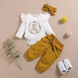 Giyim setleri 3 adet doğumlu kızlar giysi bebekler bebek sonbahar sonbahar seti pamuklu harf romper dot basılı pantolon kafa bandı bahar kıyafetler takım elbise